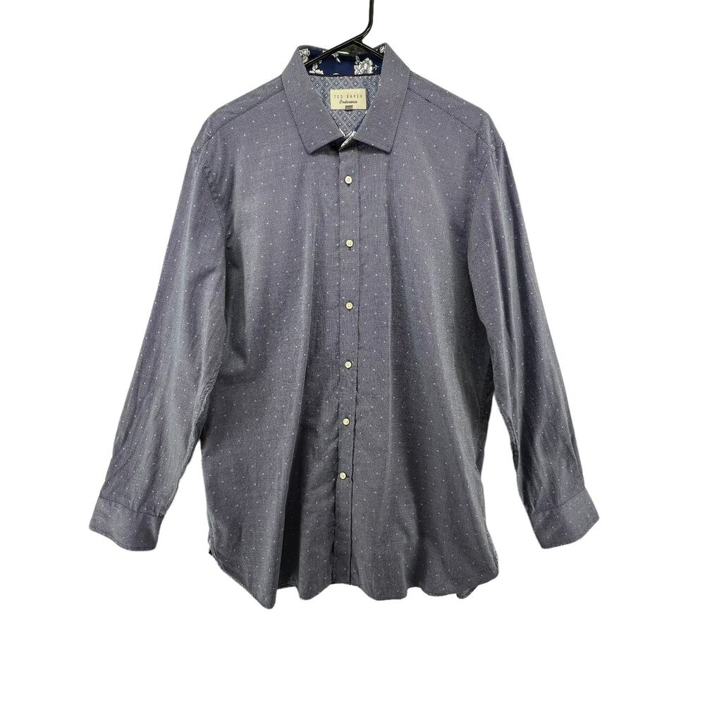 Ted Baker Size 17.5 34/35 Endurance Button Up Dress Shirt Blue Polka Dot Cotton